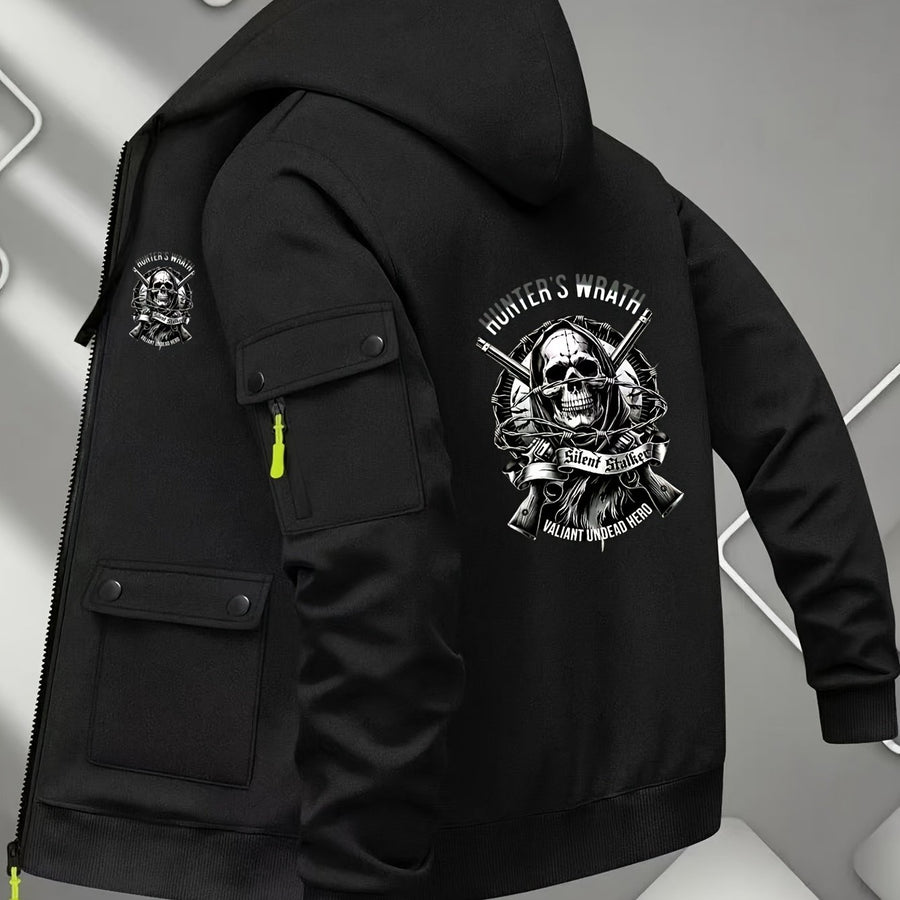 Veste long, à capuche, gris foncé, coloris noir, détail