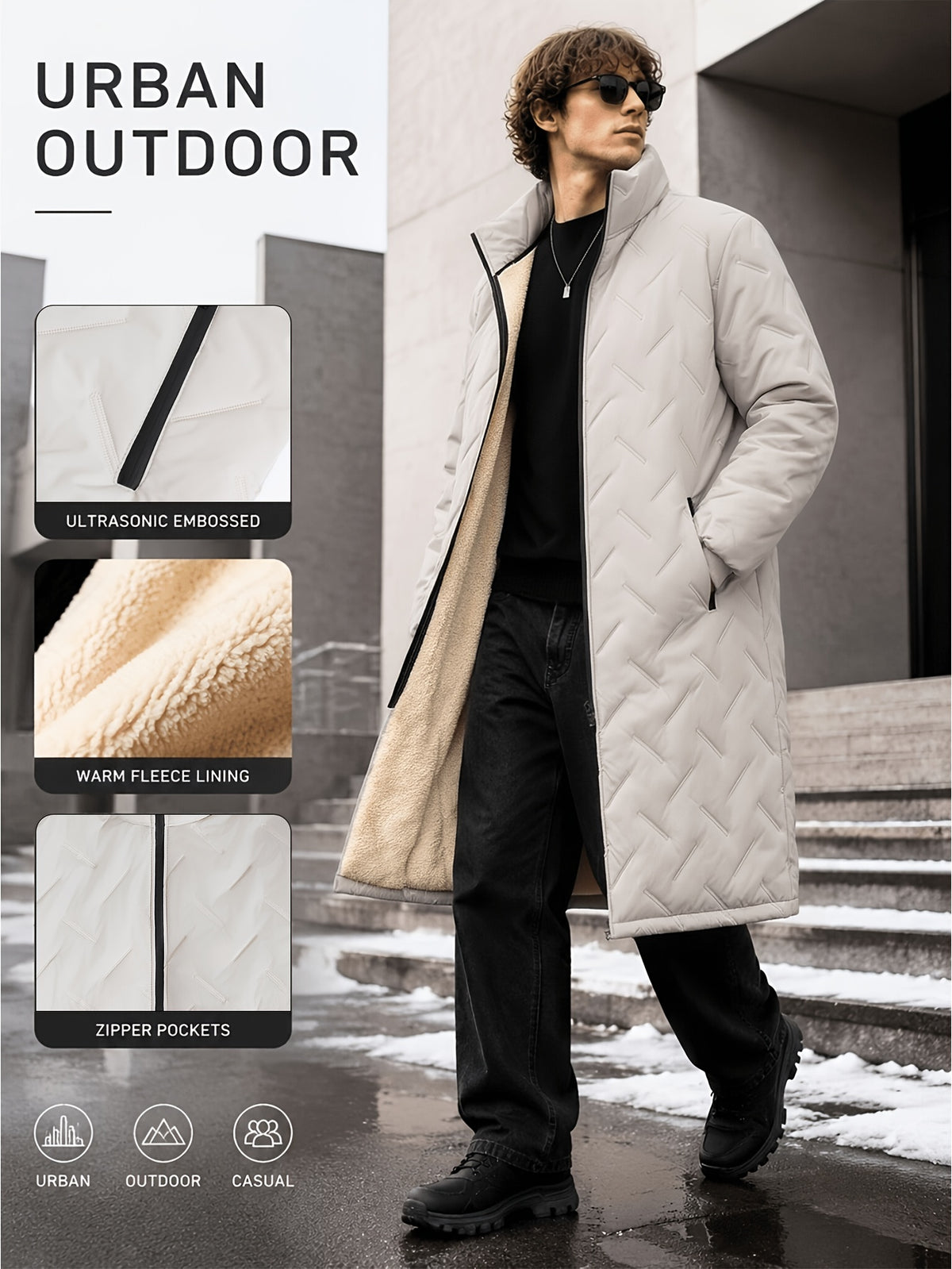 Veste long pour homme, à col montant, noir