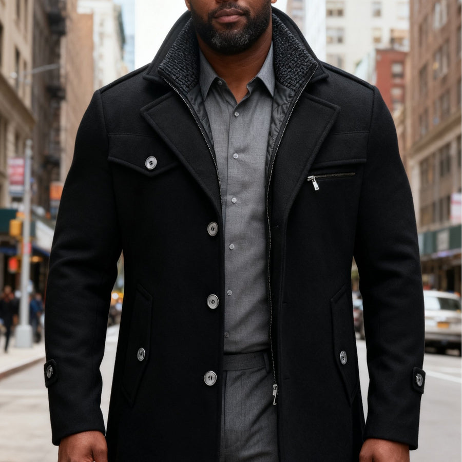 Trench en laine, 40 % laine, tweed, coloris noir, détail