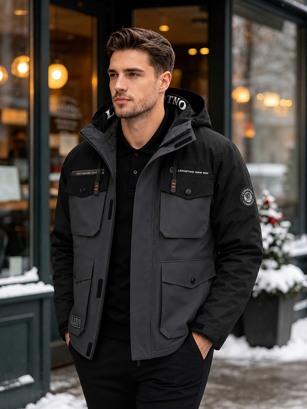 Veste pour homme, capuche amovible, gris foncé