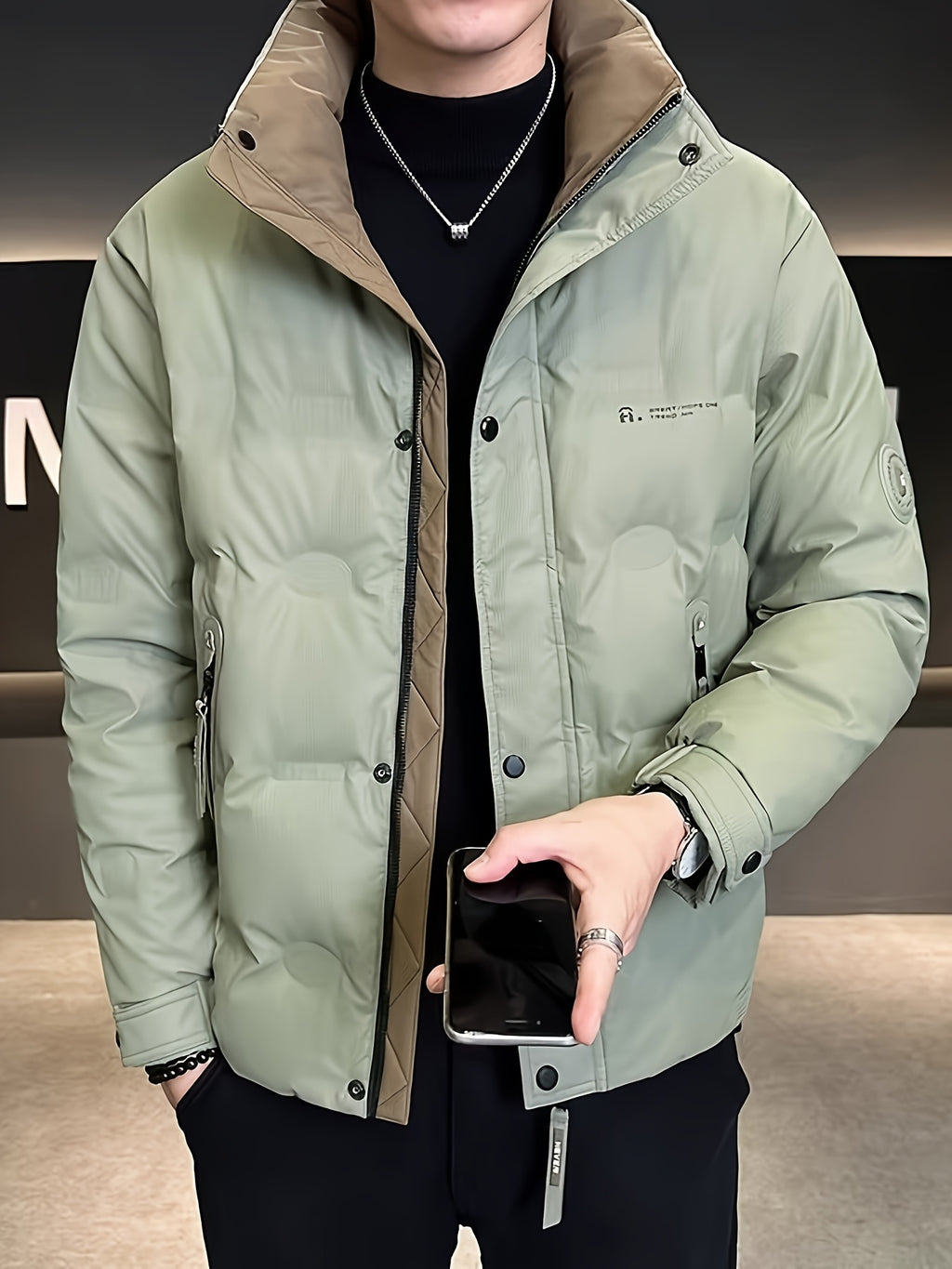 Manteau pour homme, à col montant, gris clair