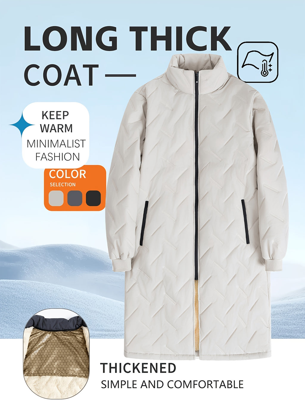 Veste long pour homme, à col montant, noir
