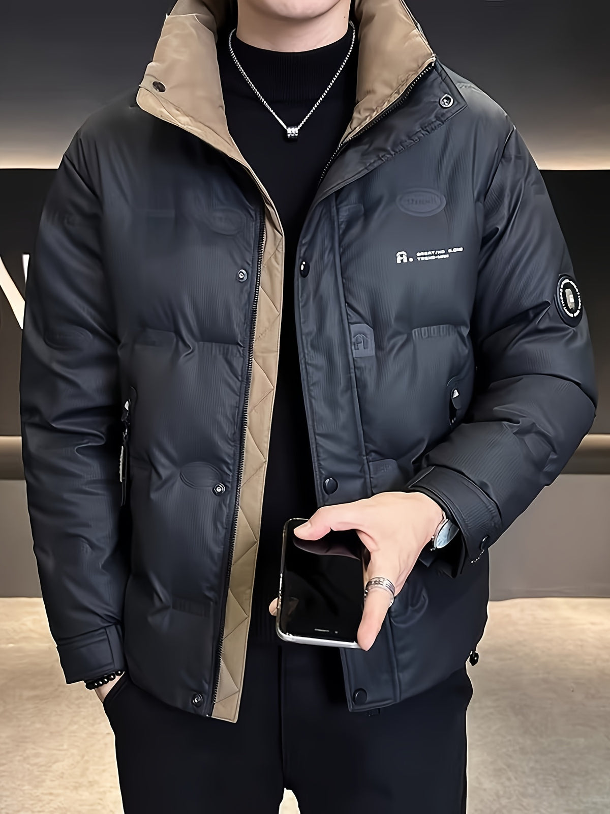 Manteau pour homme, à col montant, gris clair