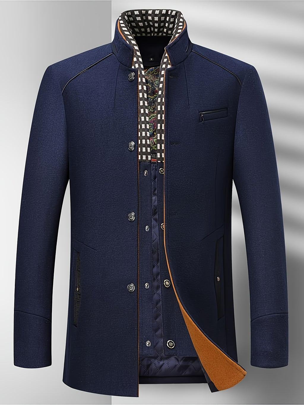 Manteau mi-long en tweed pour homme, 55 % laine, col montant