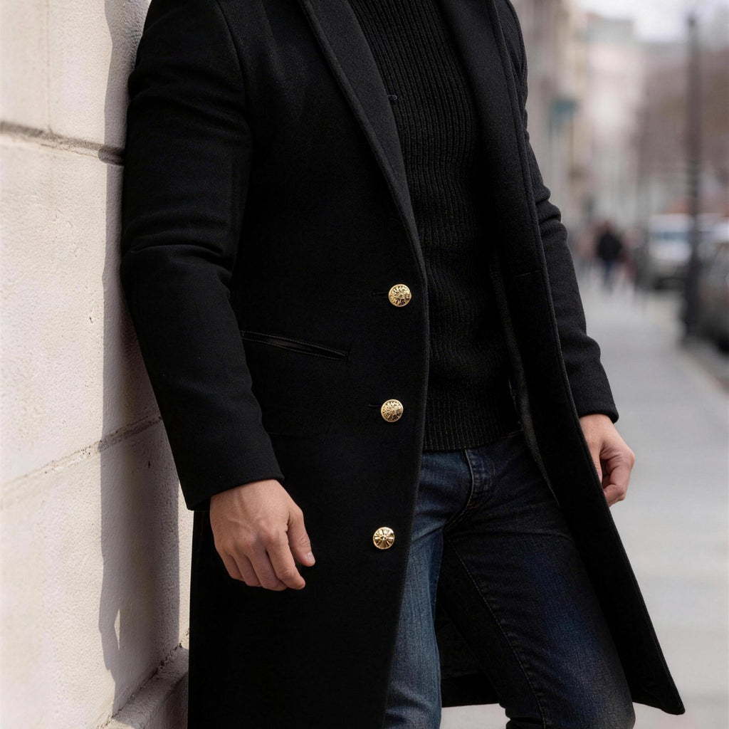 Manteau, à revers, kaki, coloris noir, détail