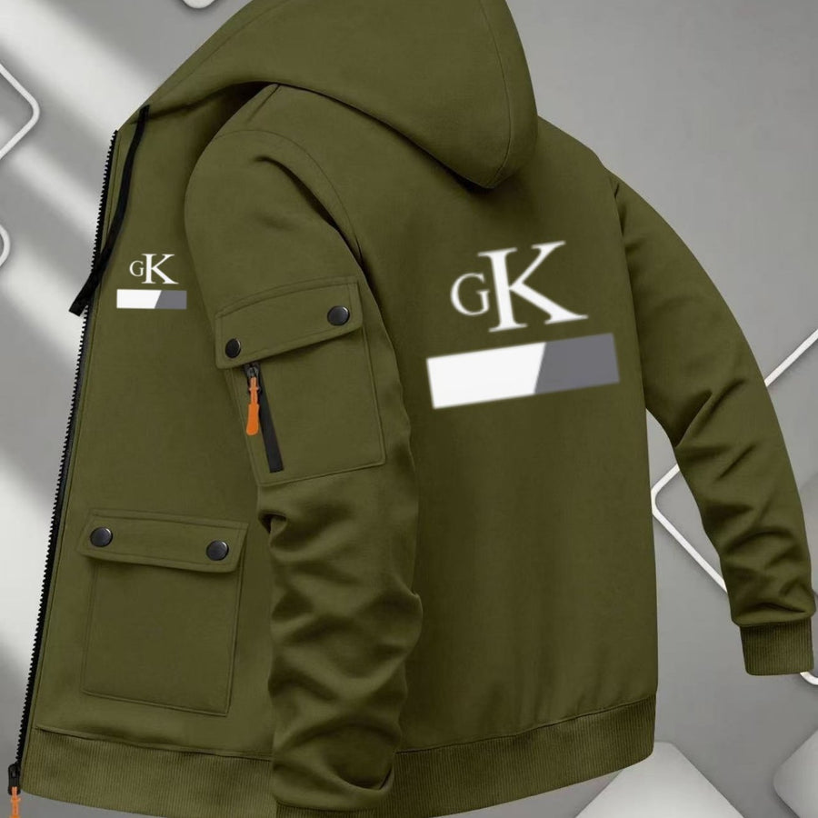Veste, à capuche, couleur marine, coloris vert fougère, détail