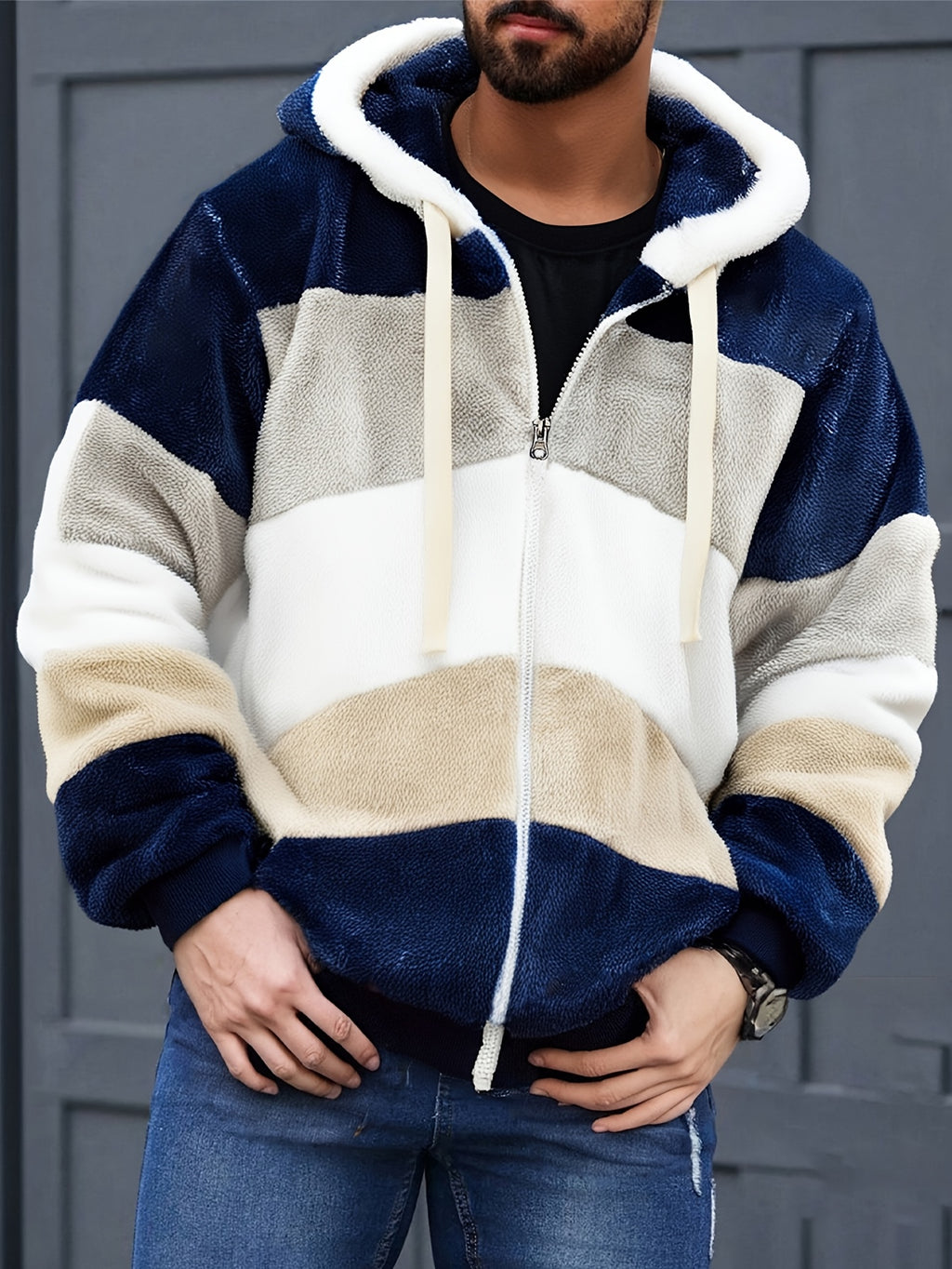 Veste en fausse fourrure pour homme, polaire, à capuche, col montant