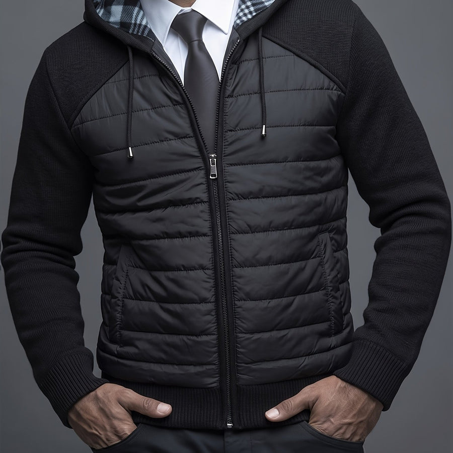 Manteau matelassé long, patchwork, à capuche, coloris noir, détail