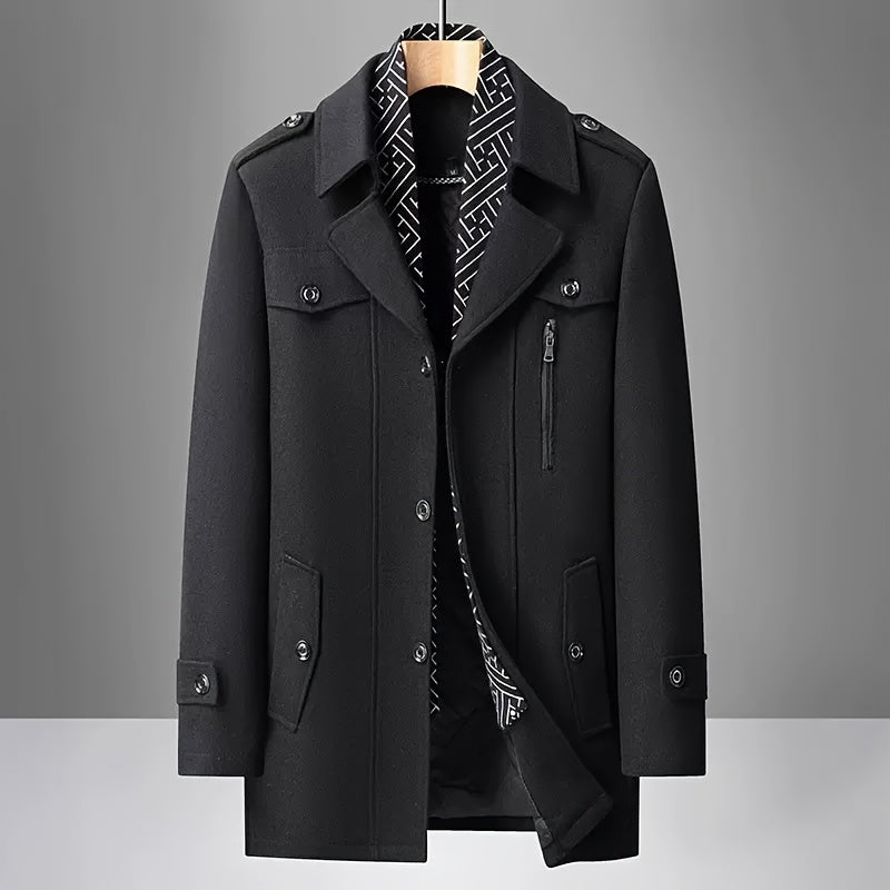 Manteau trench en tweed pour homme, 30 % laine, col écharpe détachable