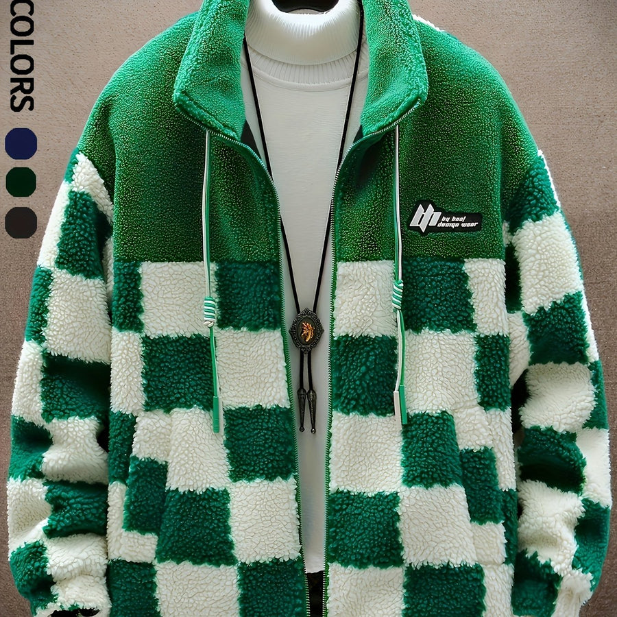 Manteau, à carreaux, à col montant, coloris vert