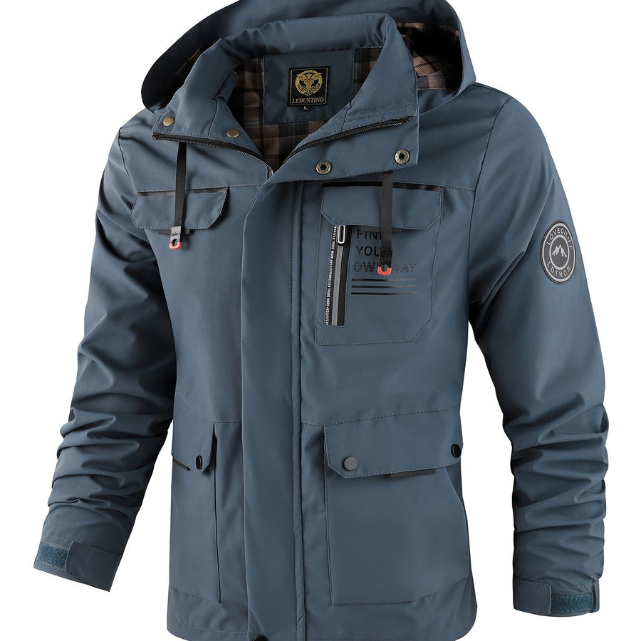Veste, coupe-vent, à capuche, rouge brique, coloris brouillard bleu