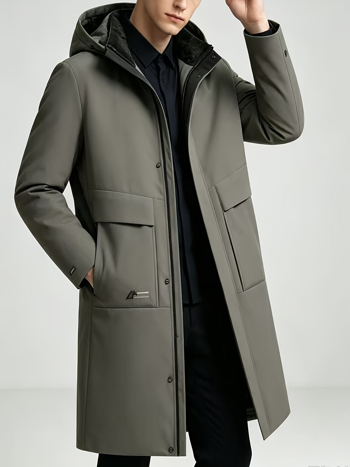 Manteau long pour homme, à capuche, gris clair