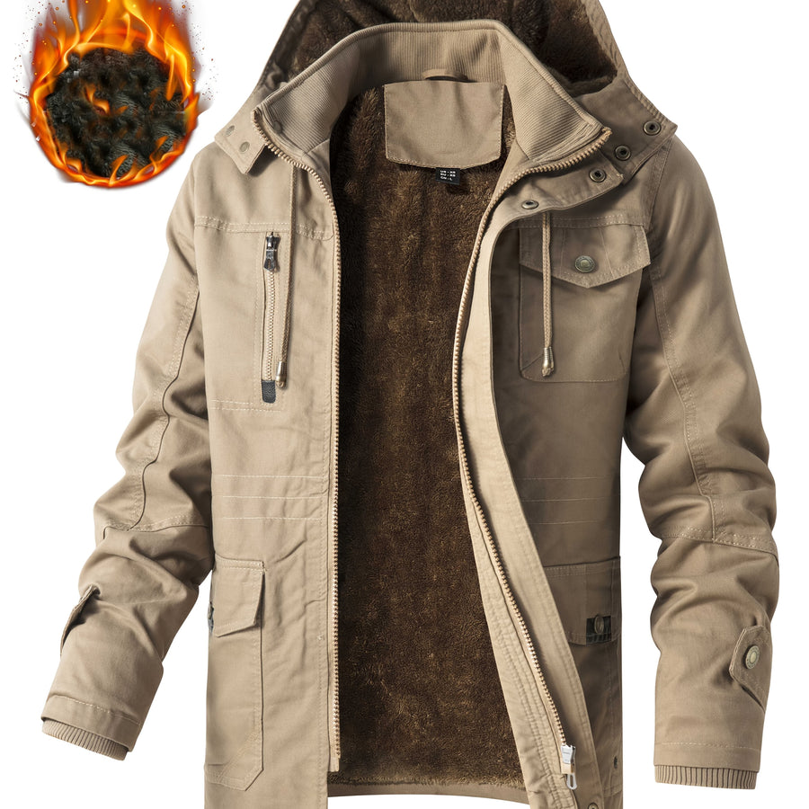 Veste mi-long, à capuche, noir, coloris kaki