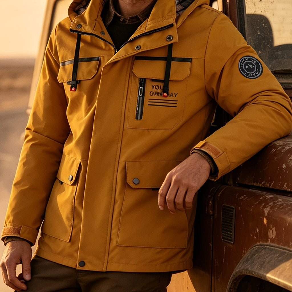 Veste, coupe-vent, à capuche, rouge brique, coloris jaune
