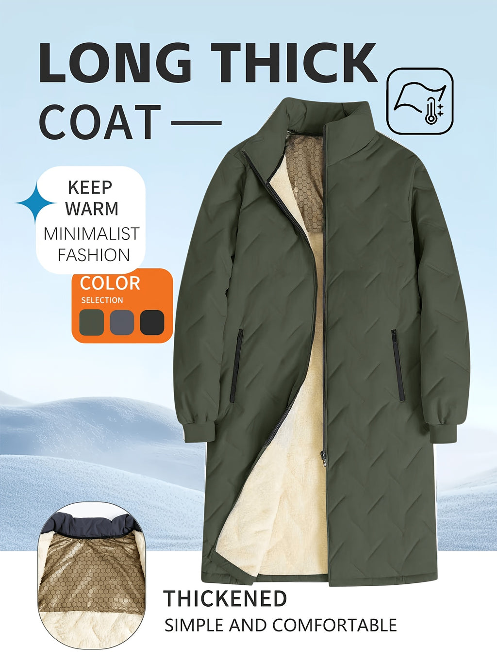 Veste long pour homme, à col montant, noir