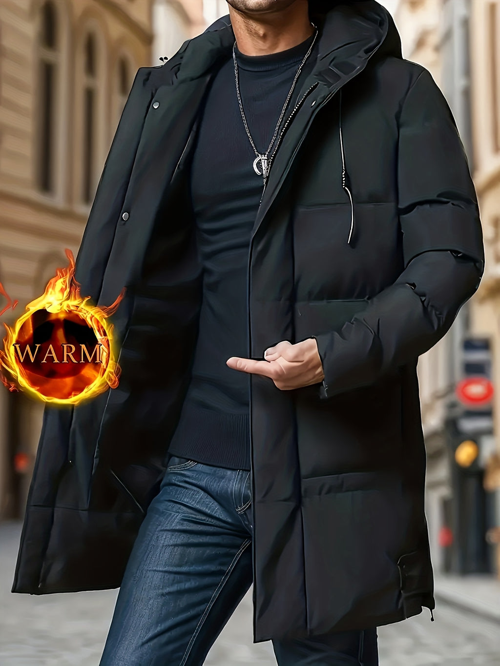 Manteau pour homme, à capuche, col montant