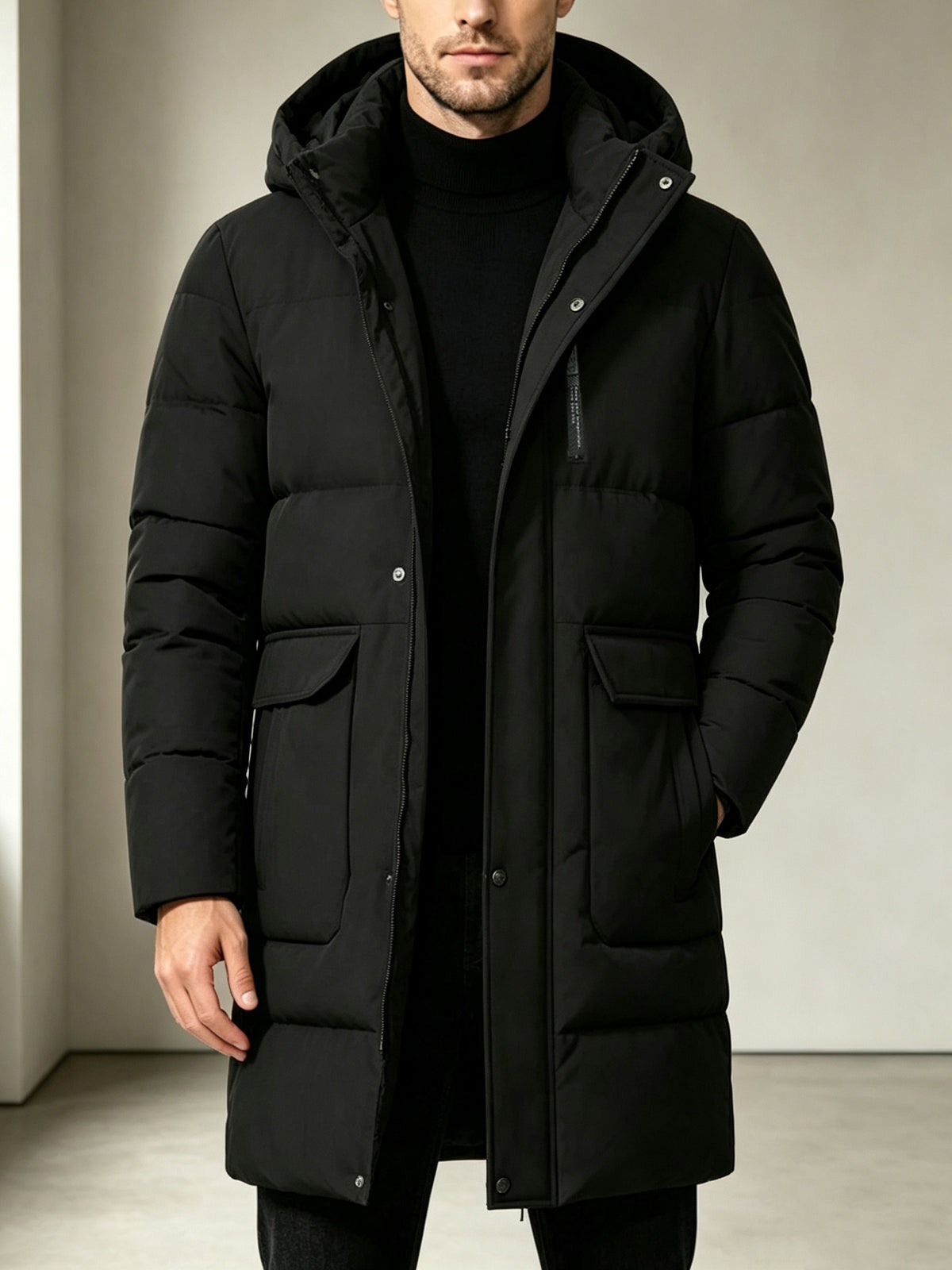 Pardessus matelassé long pour homme, à capuche