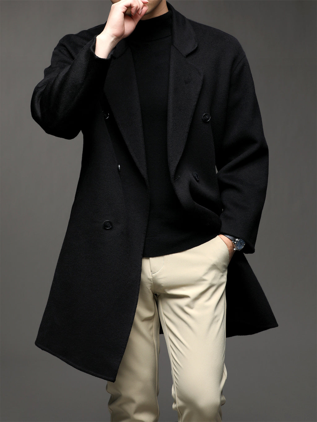 Manteau mi-long en laine pour homme, 70 % laine, col à revers