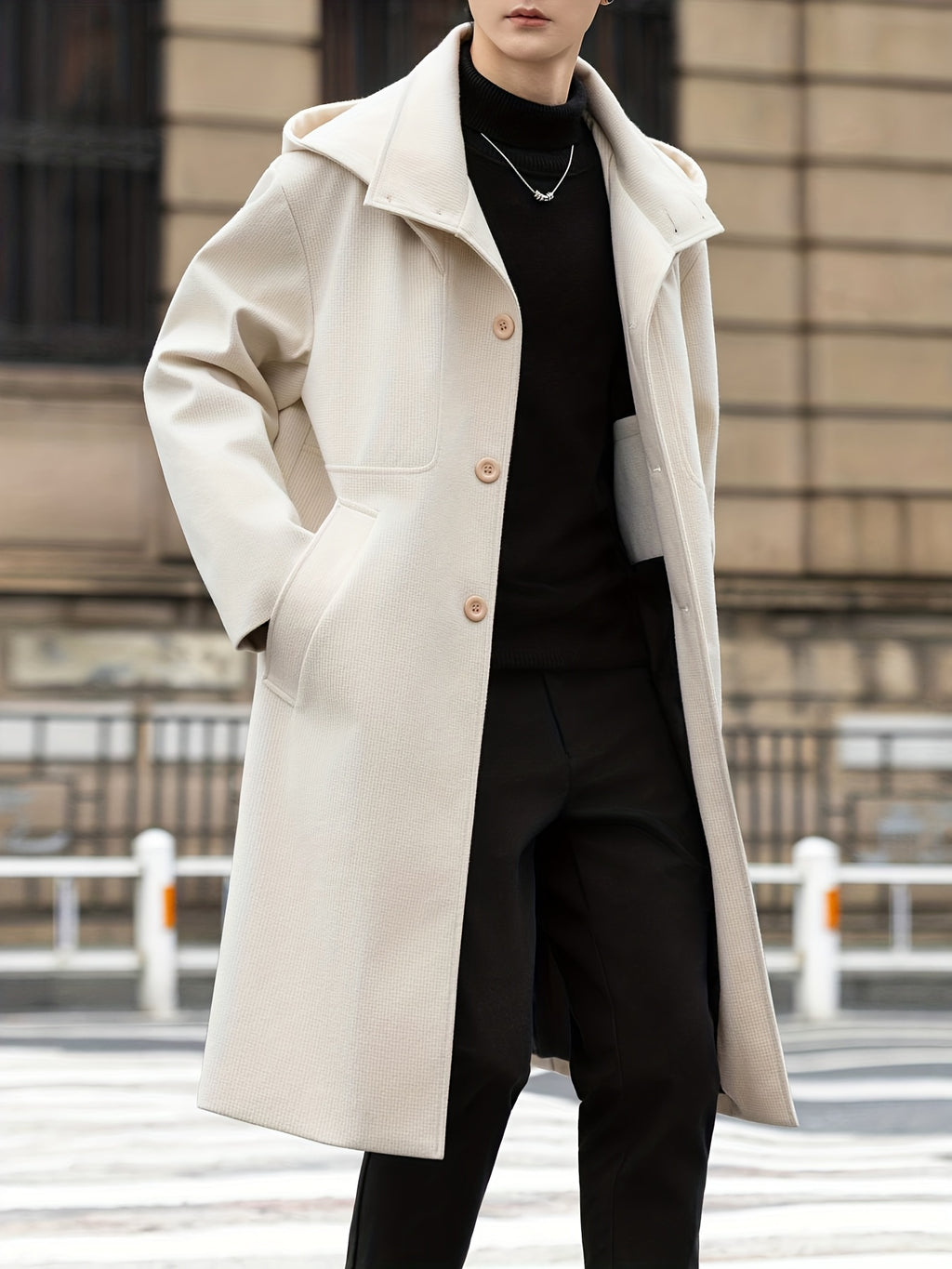Trench long, à capuche, noir, détail du vêtement