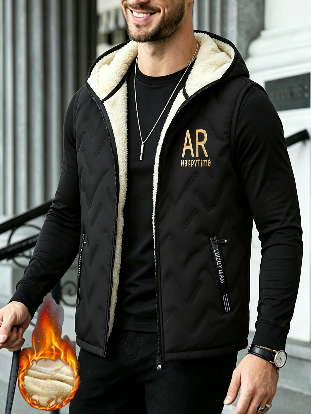 Gilet épais sans manches à capuche doublé, tendance automne/hiver, vêtement d'extérieur chaud, cardigan à capuche zippé à la mode et polyvalent, pour l'extérieur et la randonnée, la course et le fitness, les voyages et le sport, cade, détail du vêtement
