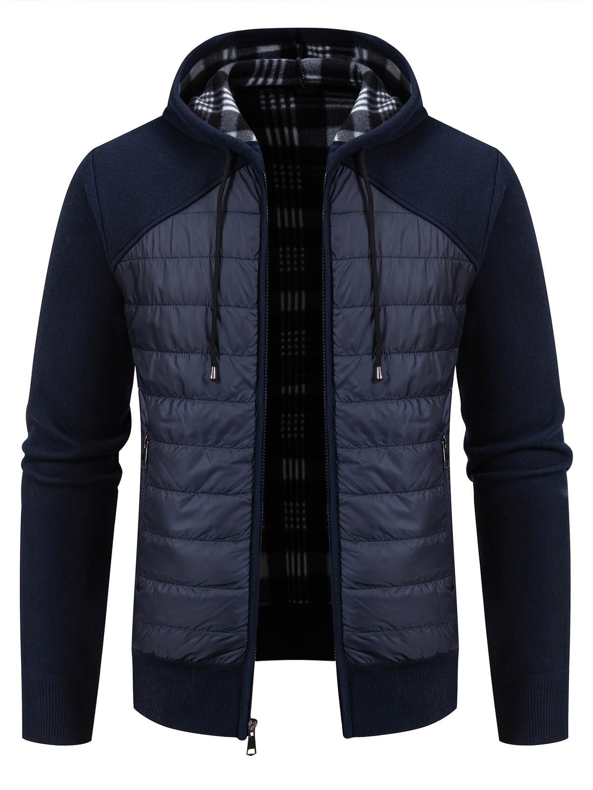 Manteau matelassé long pour homme, patchwork, à capuche