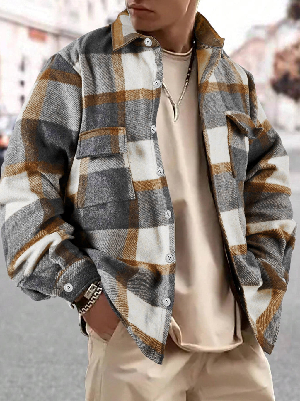 Veste long pour homme, à carreaux, à revers