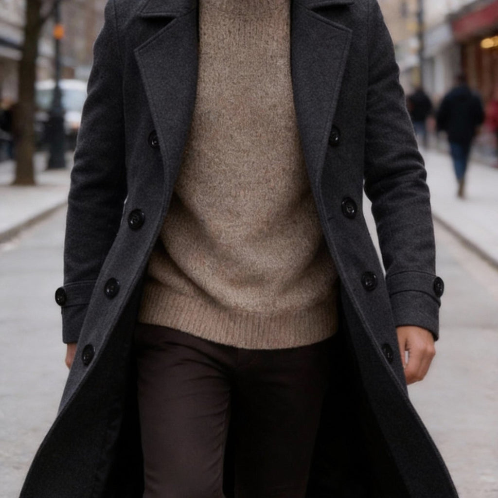 Manteau long, tweed, à revers, gris foncé, coloris gris foncé, détail
