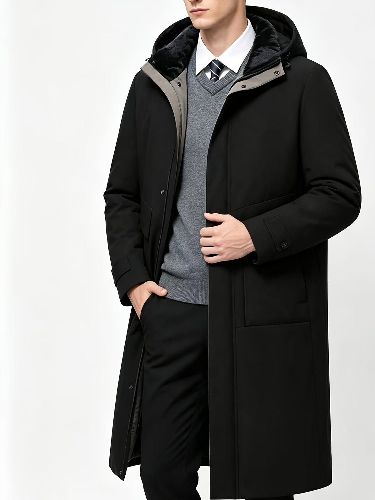 Manteau long pour homme, à capuche, gris clair
