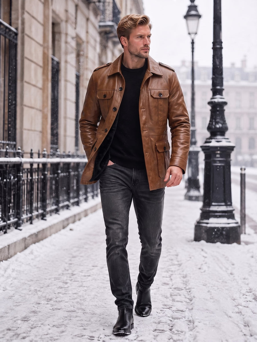 Veste en cuir PU longue, à revers