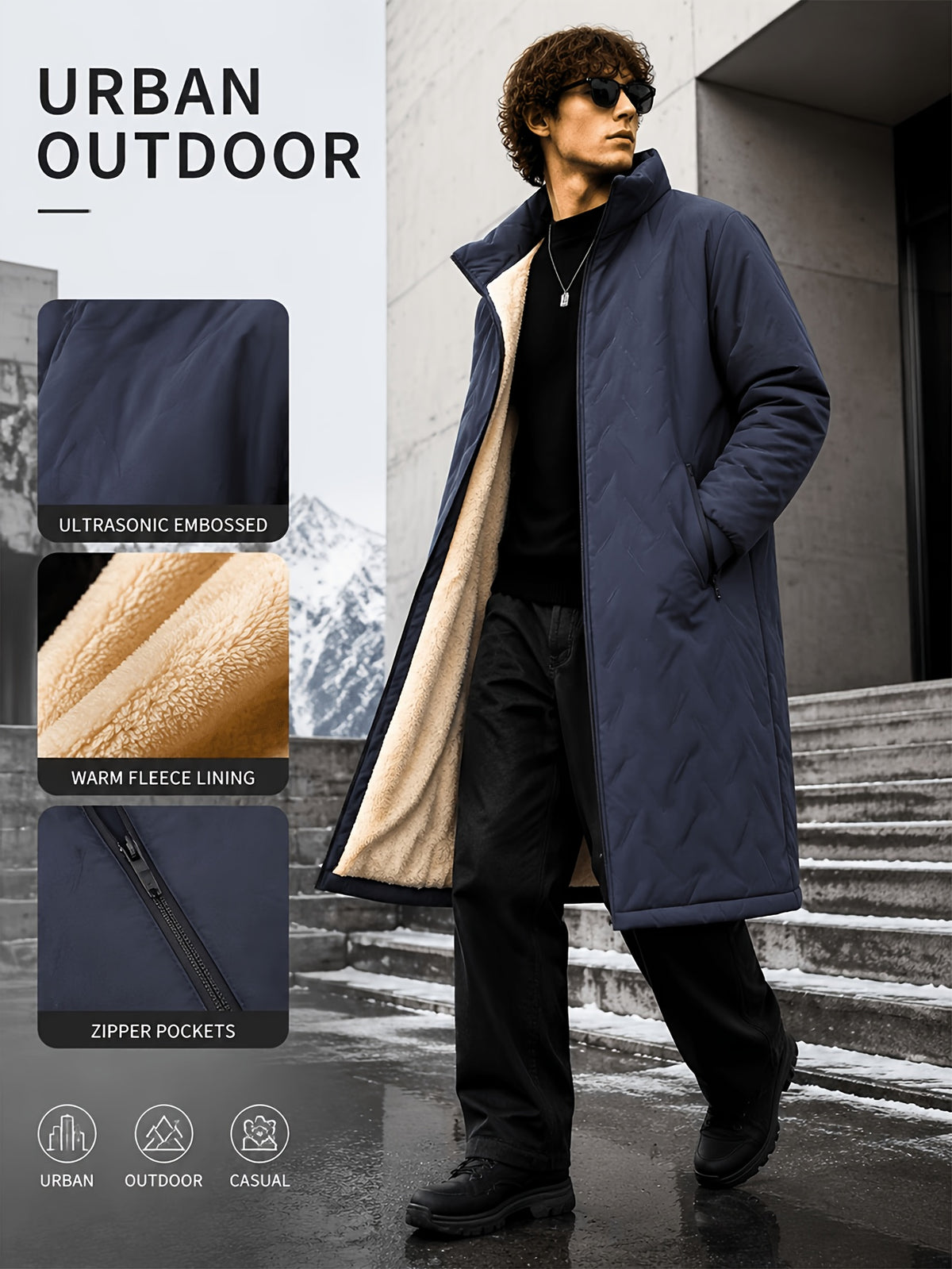 Veste long pour homme, à col montant, noir