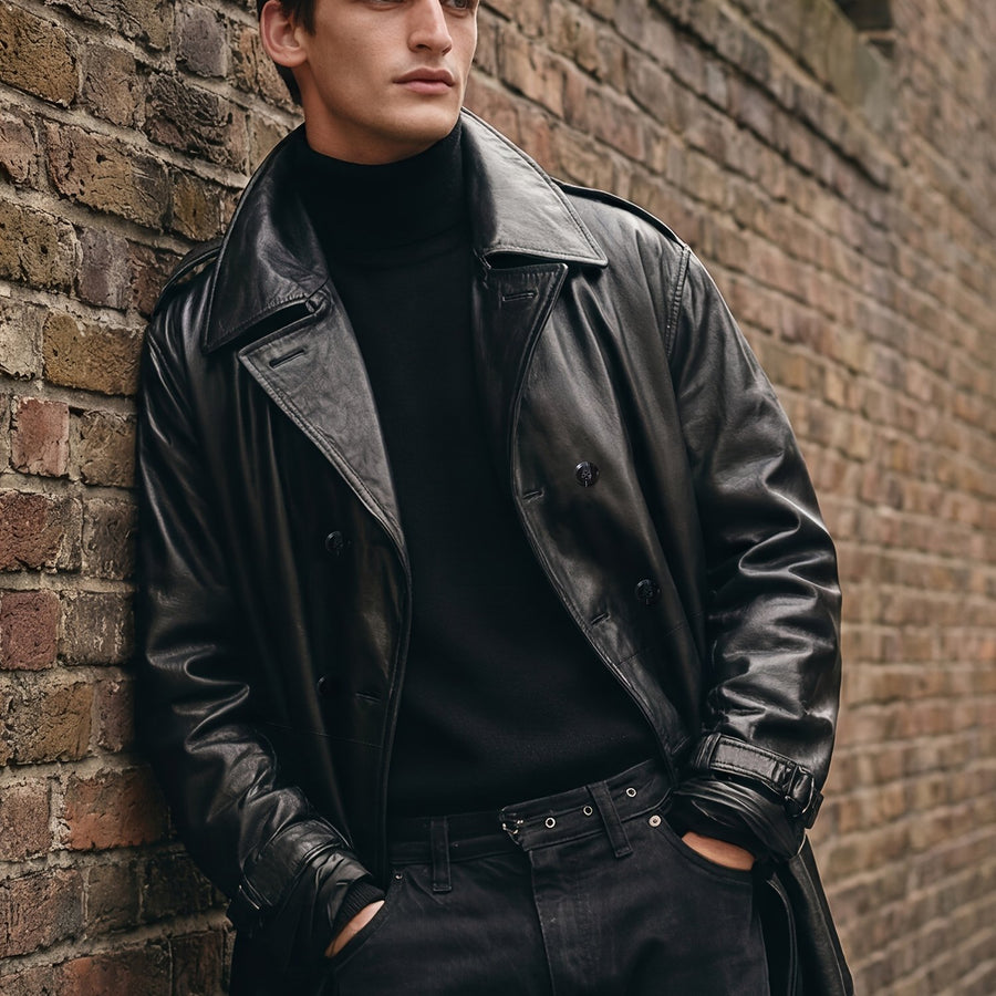 Trench long, à revers, noir, coloris noir