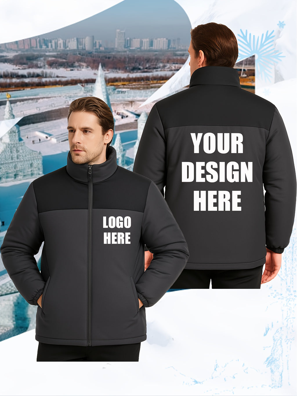 Veste pour homme, à col montant, noir et gris