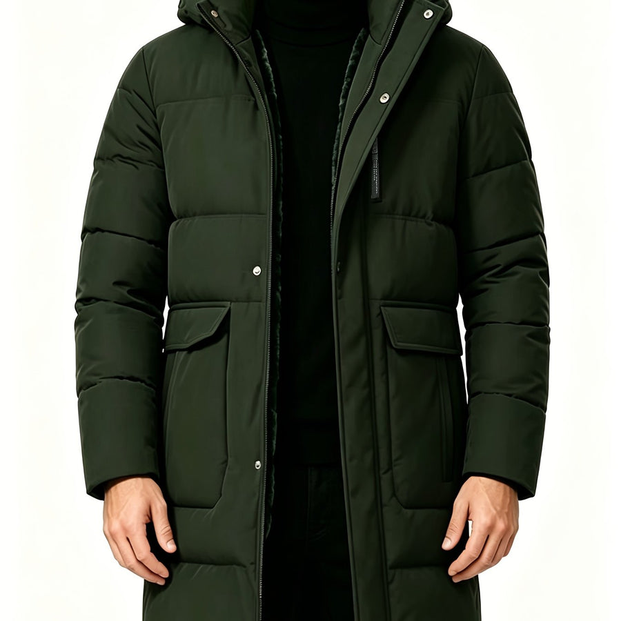 Pardessus matelassé long, à capuche, coloris vert olive