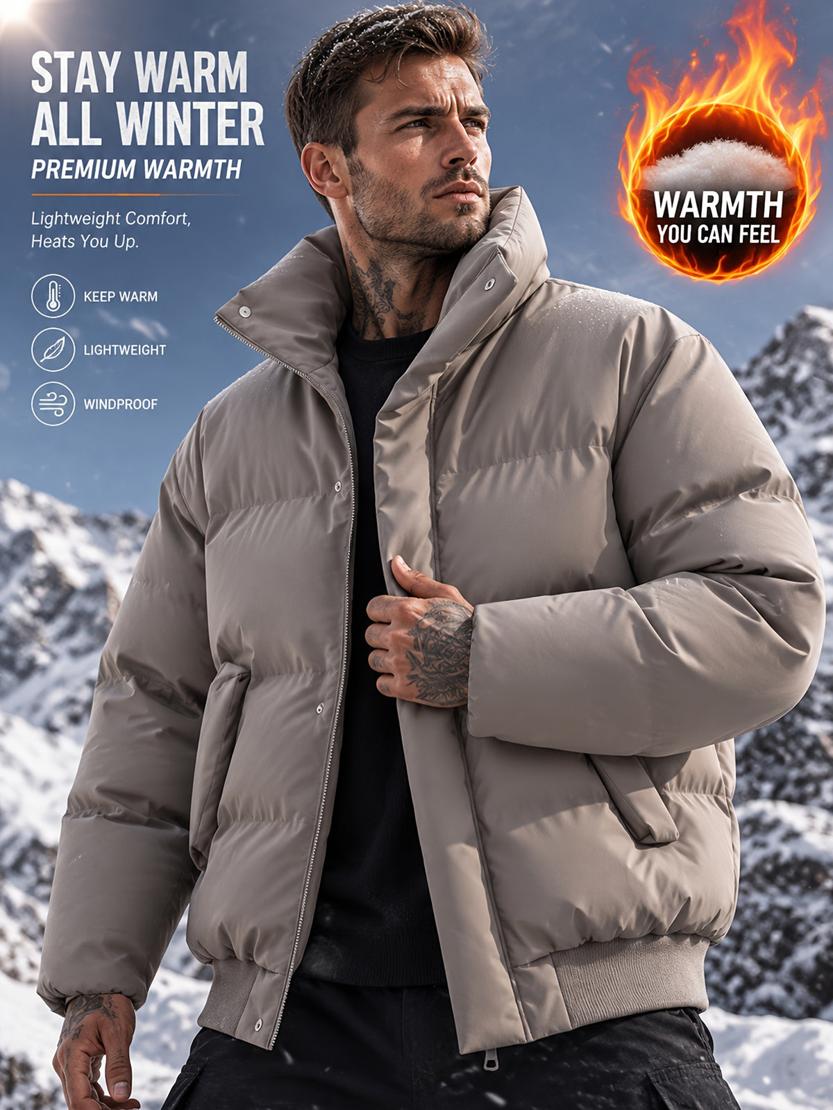 Manteau matelassé pour homme, coupe-vent, à revers, abricot