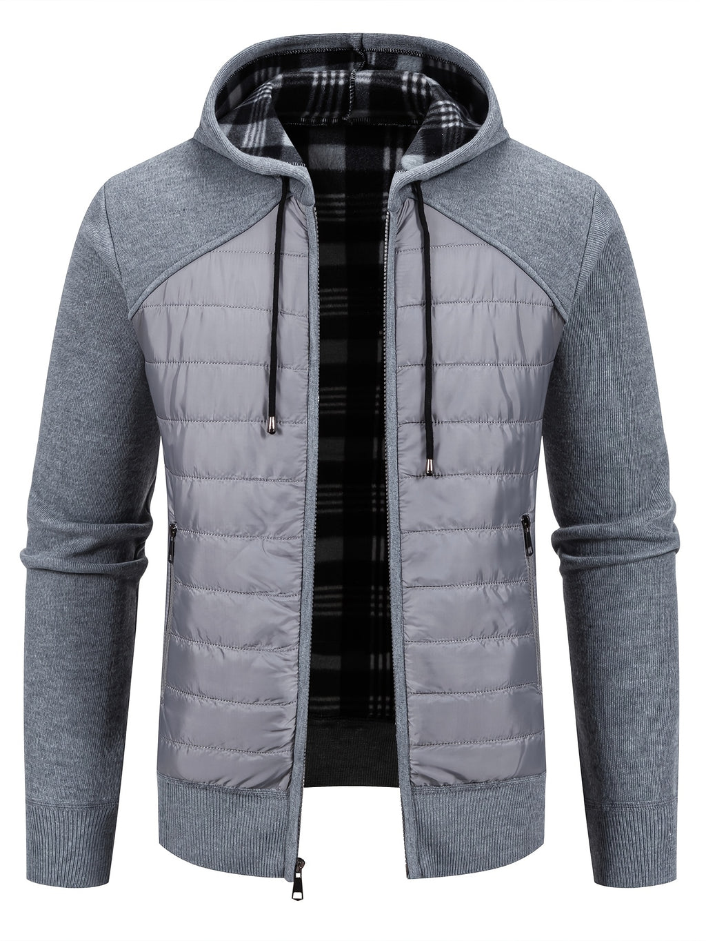 Manteau matelassé long pour homme, patchwork, à capuche