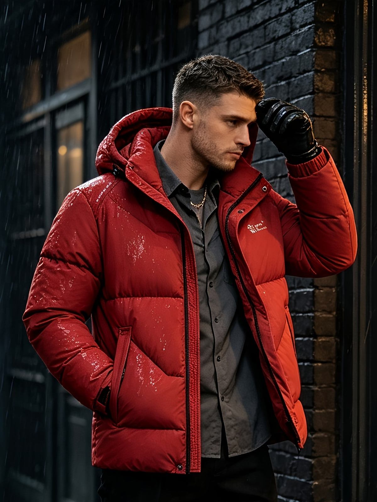 Veste matelassée pour homme, coupe-vent, à capuche, rouge brique