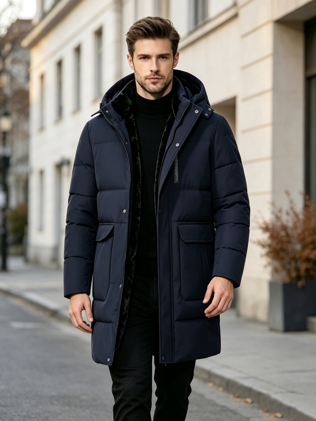 Pardessus matelassé long pour homme, à capuche