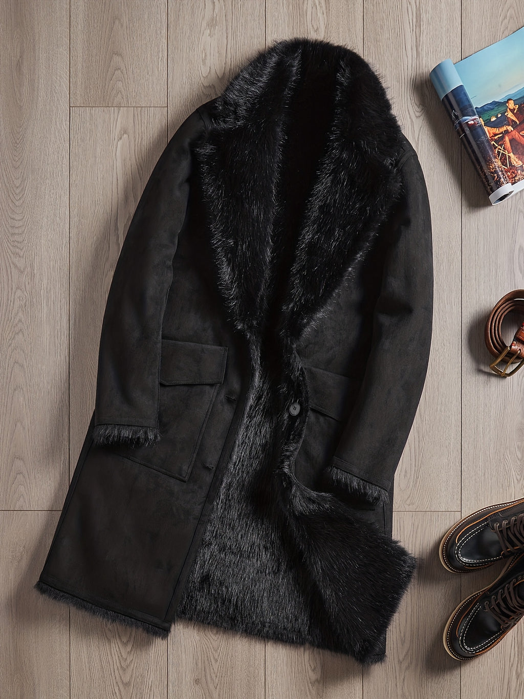 Manteau en fausse fourrure long pour homme, à revers, jaune marron