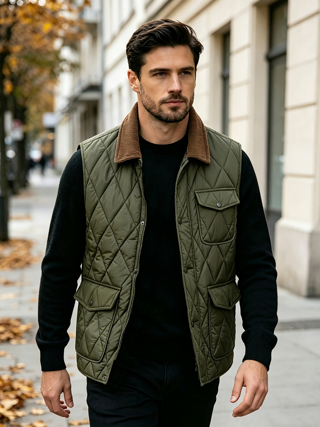 Manteau matelassé, coupe-vent, à revers, vert, détail du vêtement