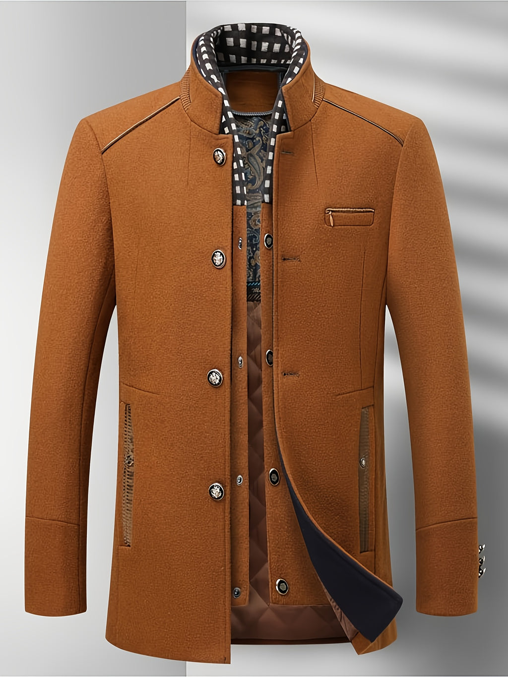 Manteau mi-long en tweed pour homme, 55 % laine, col montant