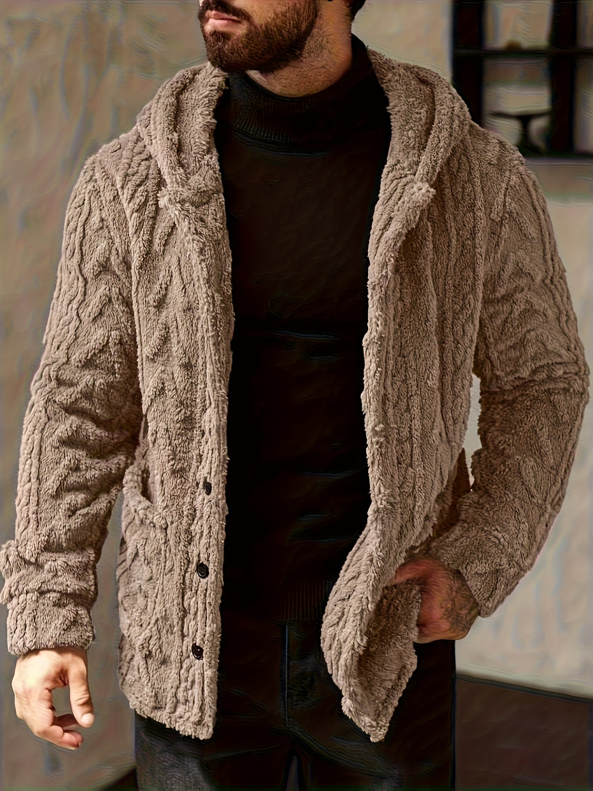 Veste en fausse fourrure pour homme, polaire, à capuche