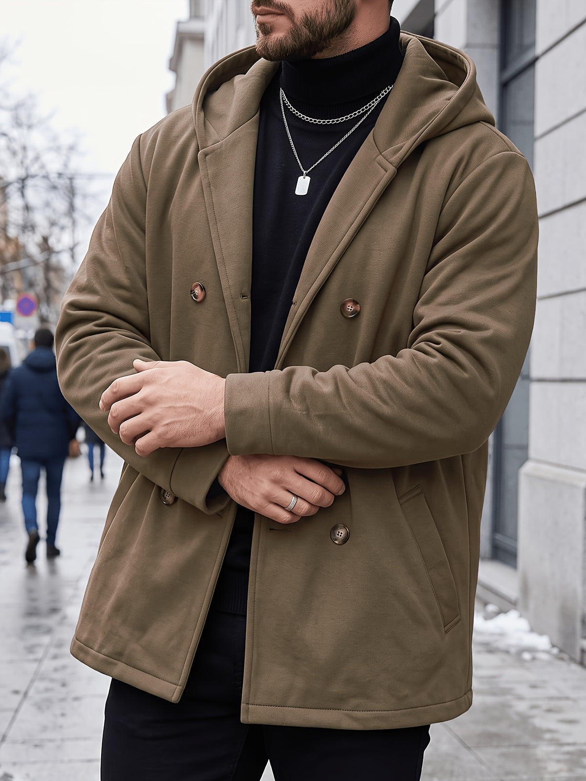 Manteau long pour homme, à capuche, kaki