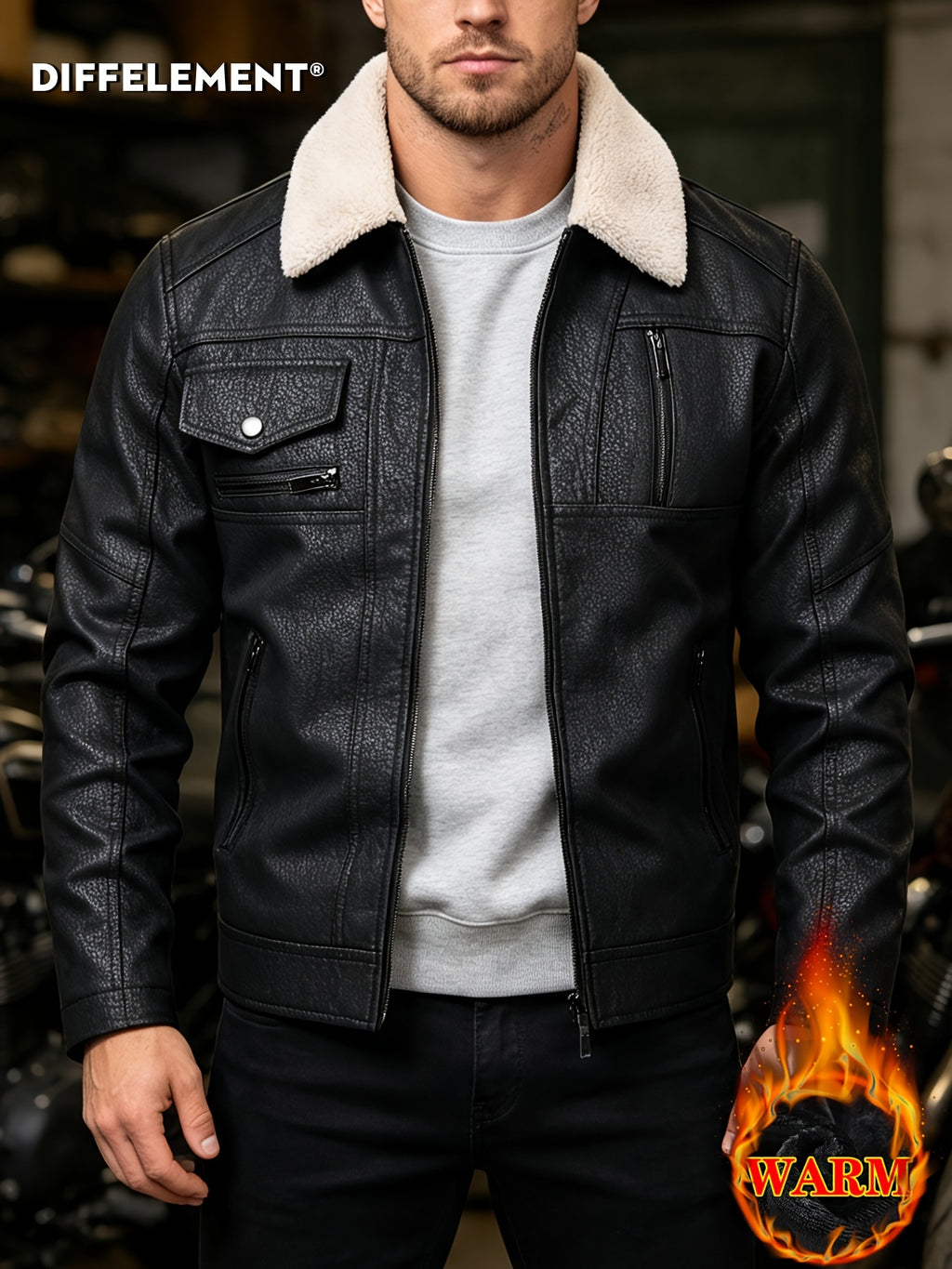 Veste de moto en PU pelucheux avec doublure à revers, doublure épaisse et chaude, tissu à texture vintage, multiples poches à fermeture éclair, coupe slim courte, tenue décontractée américaine pour la conduite et les trajets automne/hiver, vête, photo 22