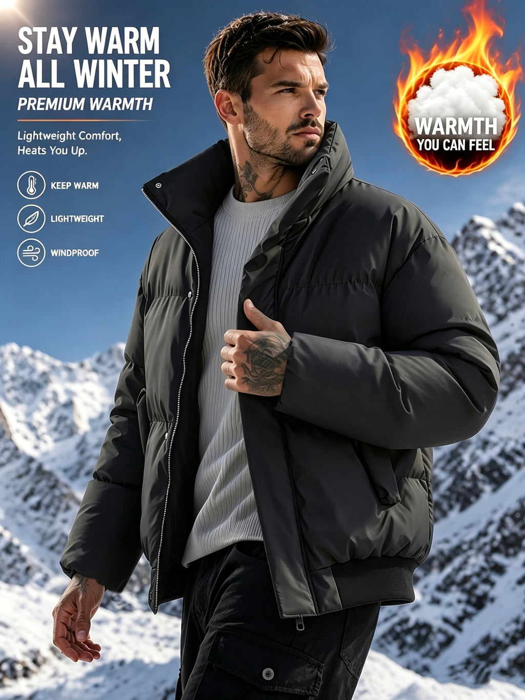 Manteau matelassé pour homme, coupe-vent, à revers, abricot