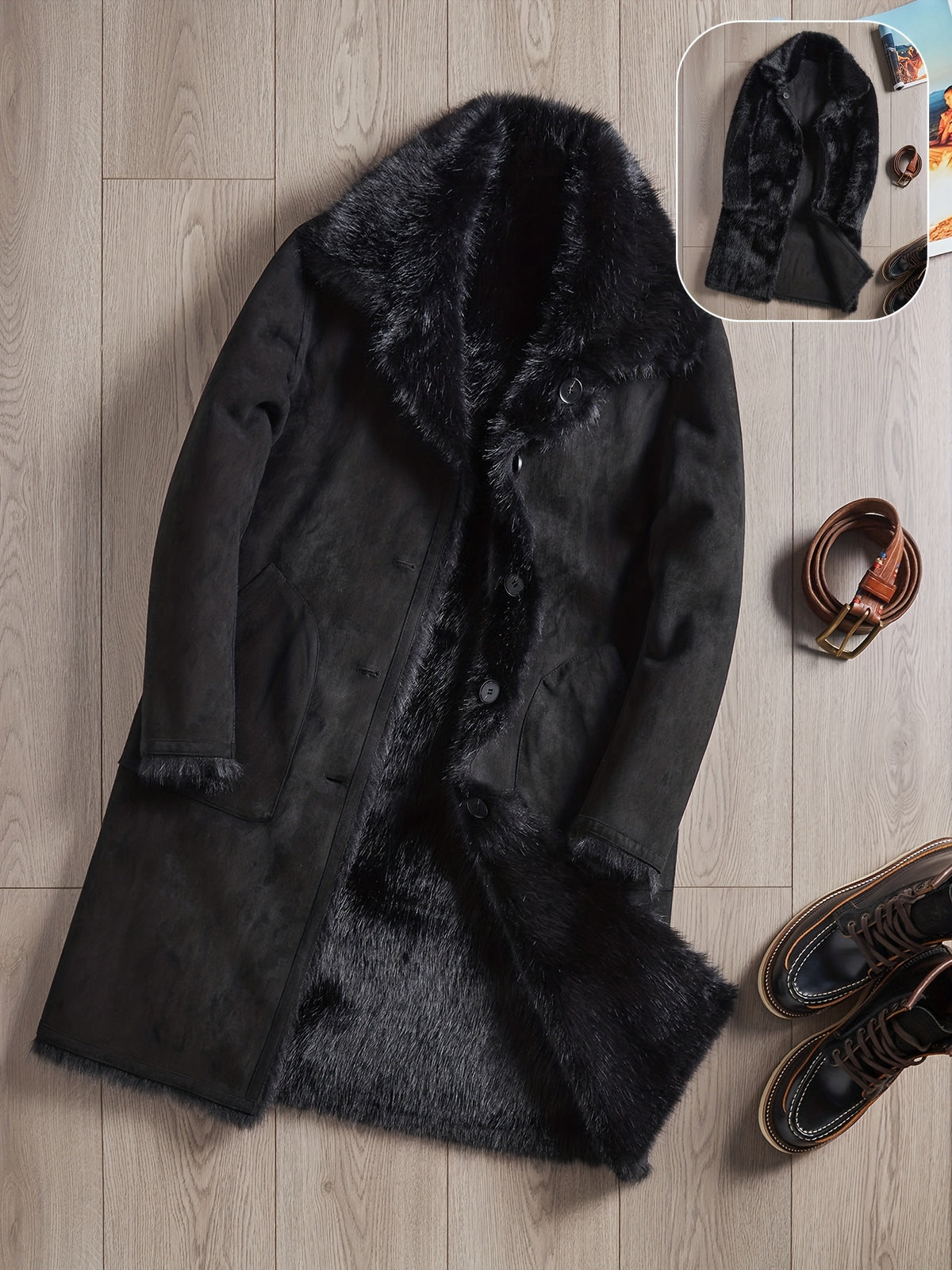 Manteau en fausse fourrure long pour homme, à revers