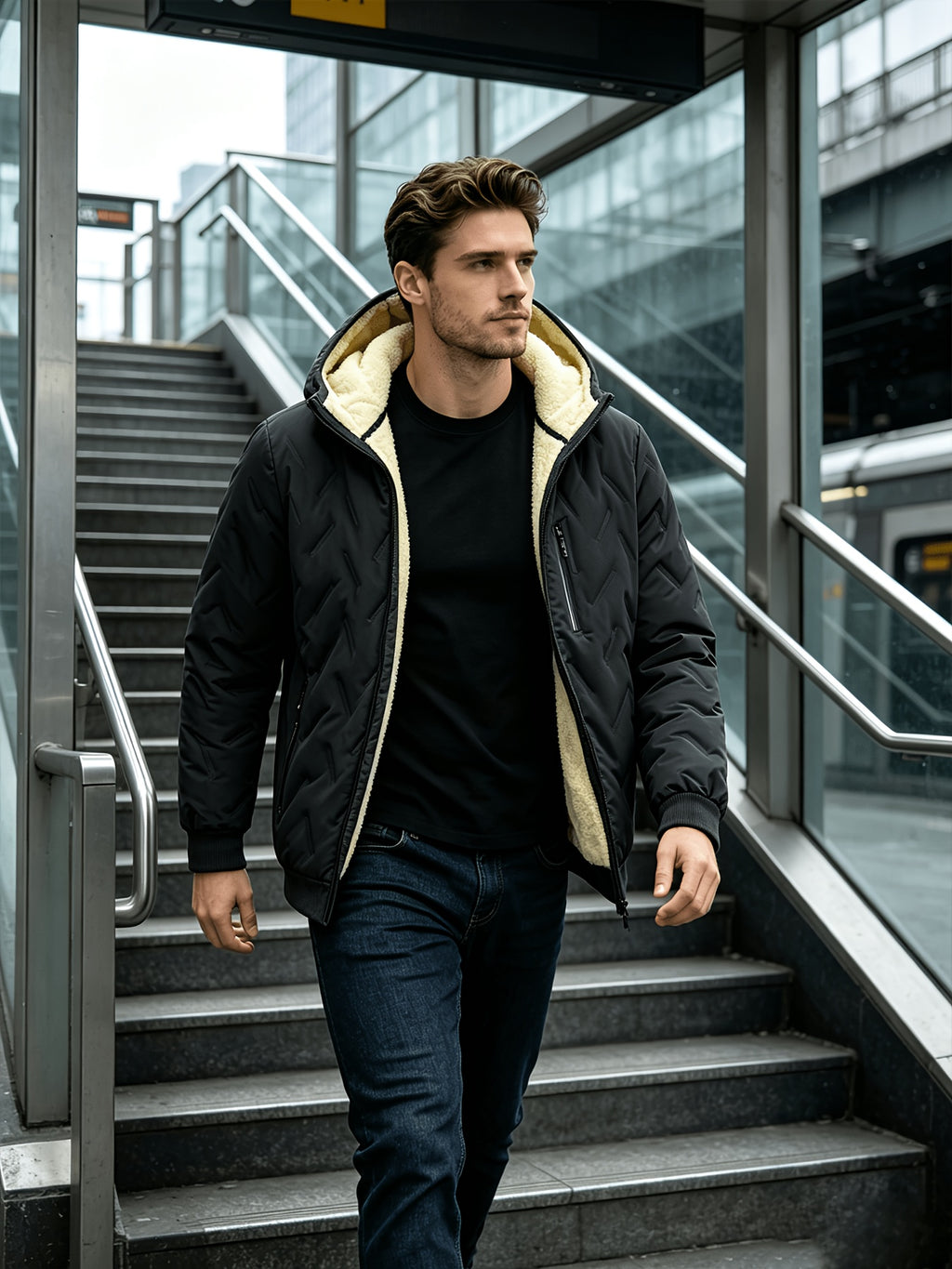 Veste matelassée pour homme, polaire, à capuche, gris