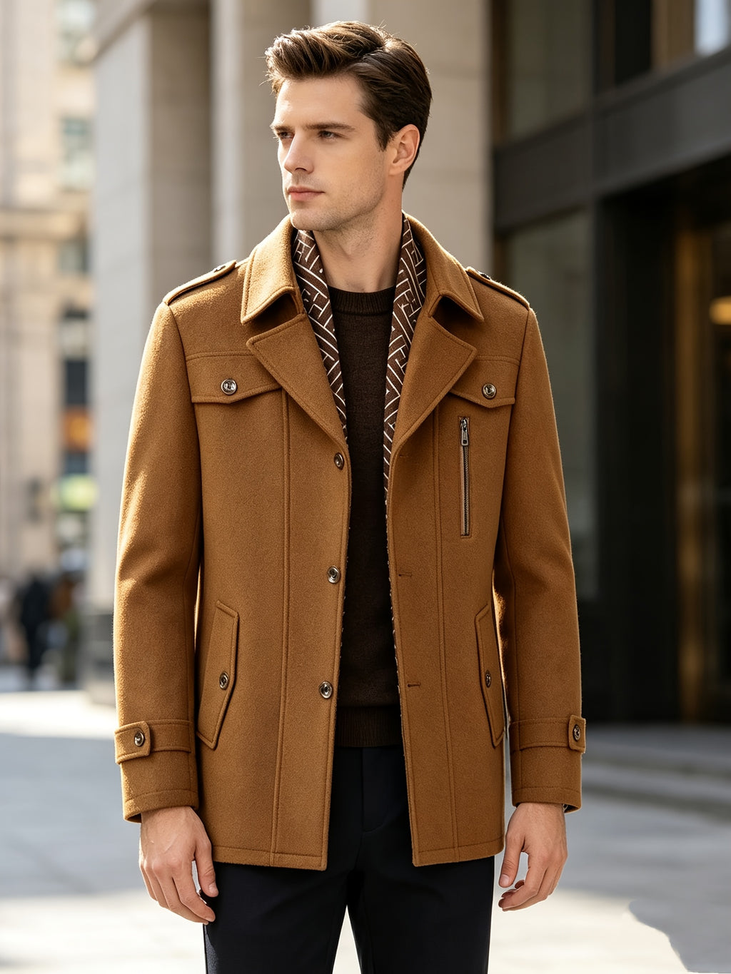 Manteau trench en tweed pour homme, 30 % laine, col écharpe détachable