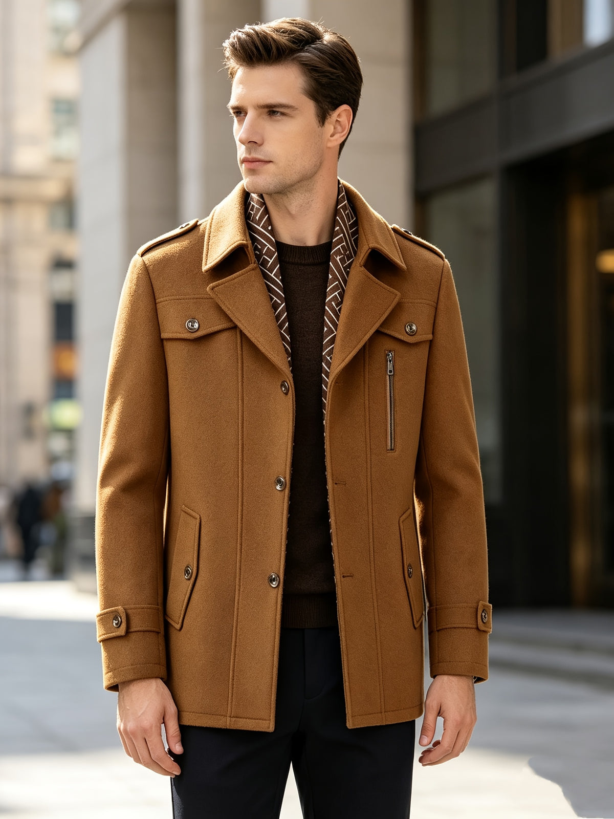 Manteau trench en tweed pour homme, 30 % laine, col écharpe détachable