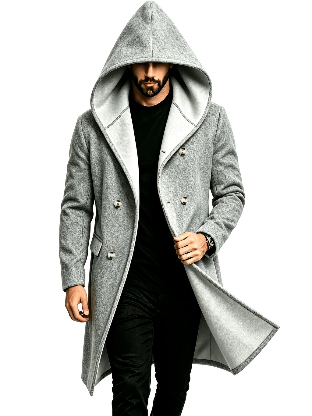 Manteau mi-long pour homme, tweed, à capuche