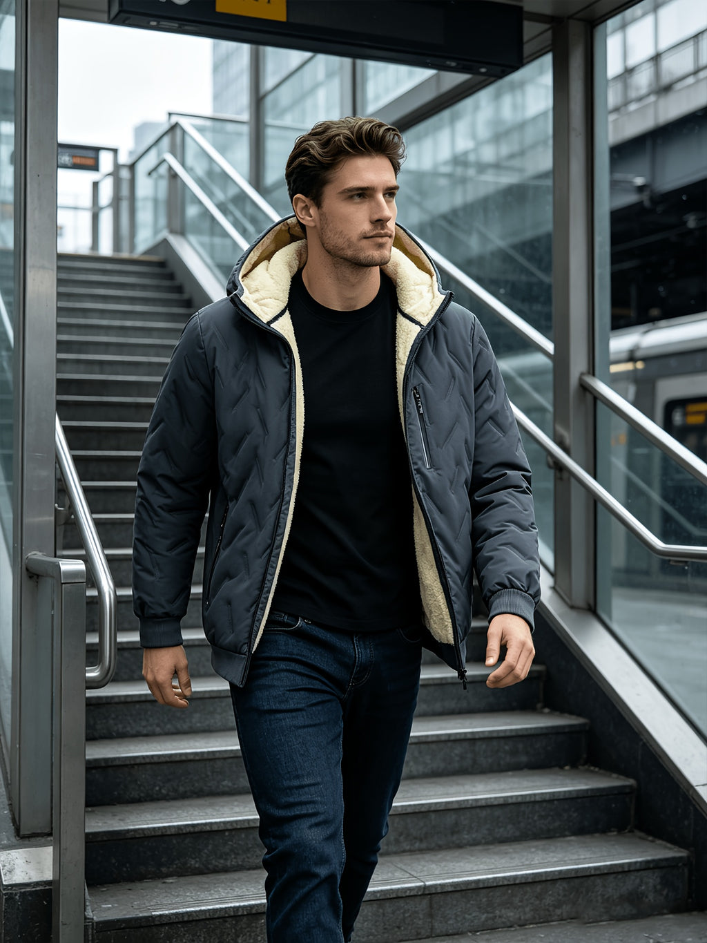 Veste matelassée pour homme, polaire, à capuche, gris